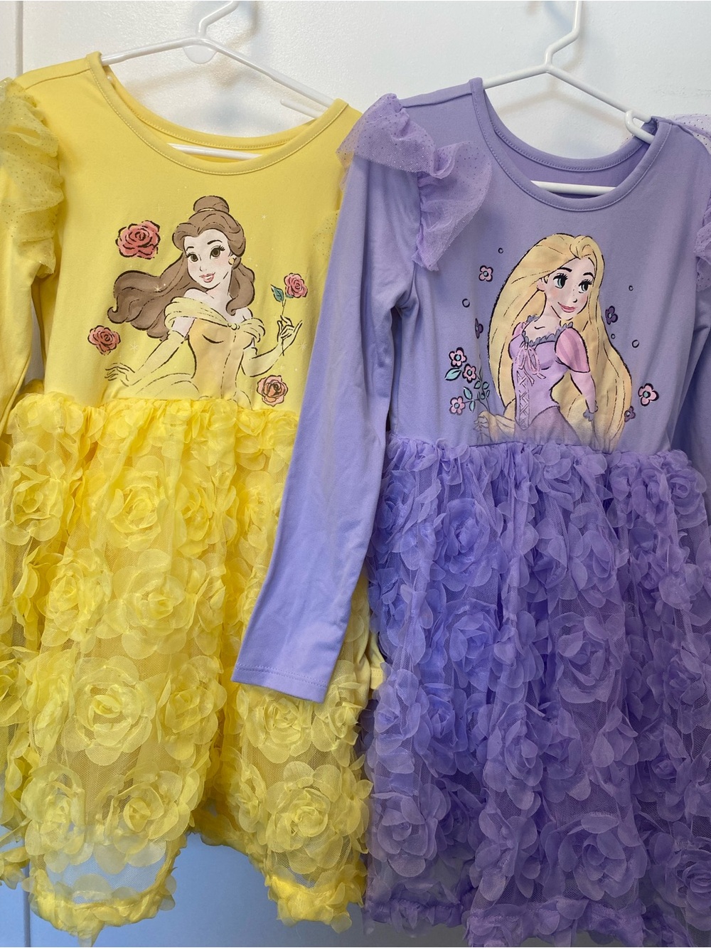Disney 2-Pack Yellow Belle + Purple Rapunzel Long Sleeve Floral Tulle Dresses, 6